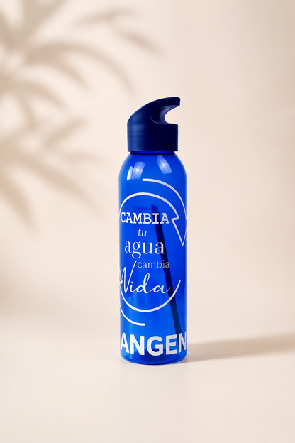 Botella azul de tritán Kangen con logo "Cambia tu agua, Cambia tu vida", 650 ml