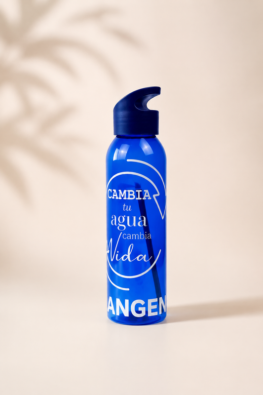 Botella azul de tritán Kangen con logo "Cambia tu agua, Cambia tu vida", 650 ml