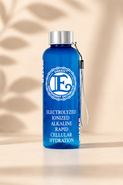 Botella azul de tritán Kangen con logo Distribuidor Independiente, 500 ml